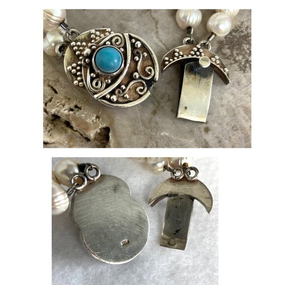 Sterling Silver 925 Two Strand Baroque Pearl Turquoise Bali Clasp Bracelet - Picture 8 of 16